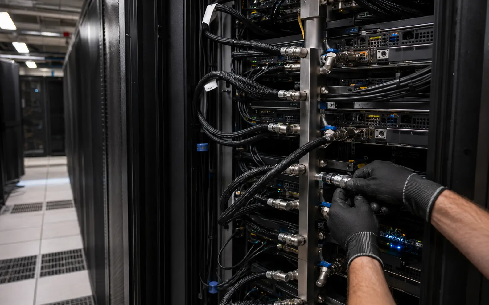 Illustrative maintenance view of a technician inspecting liquid-cooling connections in a GPU rack